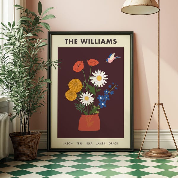Bouquet di fiori del mese di nascita, arte digitale floreale personalizzata per la famiglia, opzioni di stampa e tela