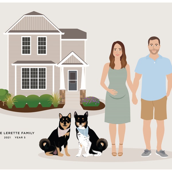 Pet portrait, add dog cat to family portrait illustration