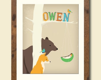 Personalized woodland nursery art features a bear, fox, and bird and newborn baby