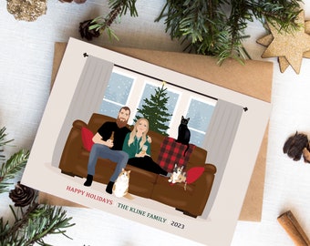 Custom Portrait Christmas Card, Family Portrait Illustration, Custom Pet Holiday Card, Personalized Christmas Card, Unique Fun Card