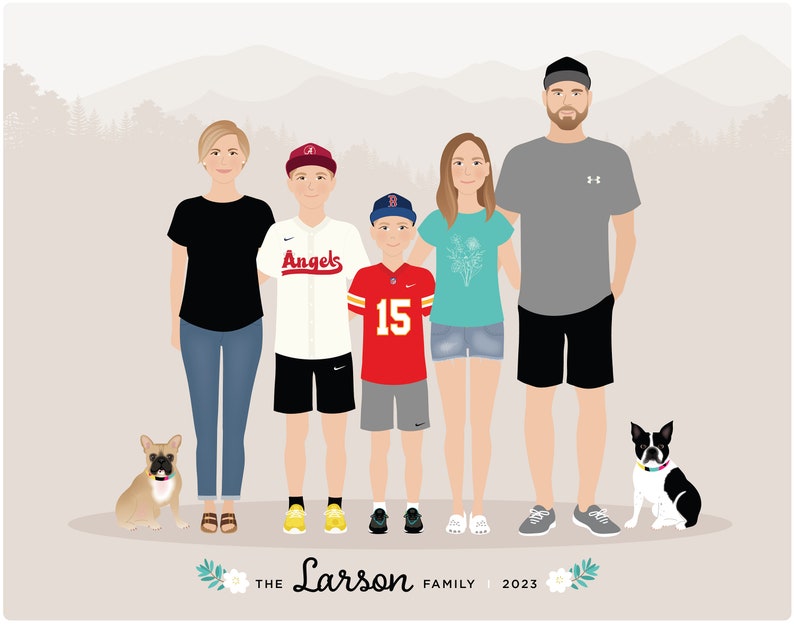 Zeichnung von Familie und Haustieren, personalisiertes Bild von uns Bild 9