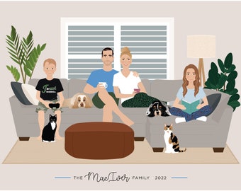 Couch portrait, living room art, personalized gift for mom