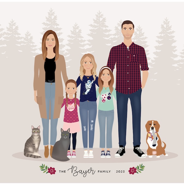 Custom Family Portrait, Hand-Drawn Illustration, Personalized Art Print