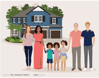 Custom Family and House Portrait, personalized family gift