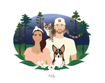 Custom family Portrait, couple gift, newlywed, paper anniversary
