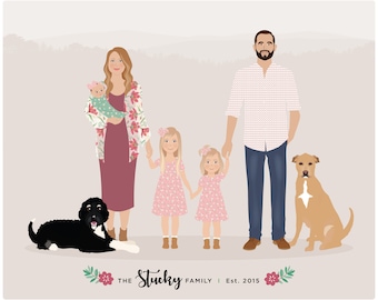 Custom Family Portrait, hand drawn illustration, handmade