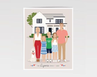 Custom Hand-Drawn Family and Home Portrait, Housewarming Gift