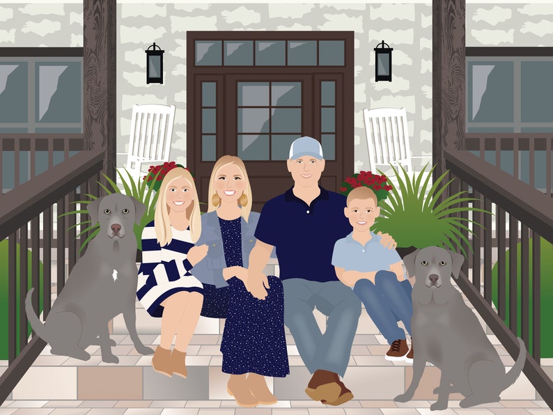 Custom family portrait illustration, family portrait with pet, pet gift image 3