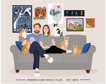 Personalized family illustration on couch, fine art print