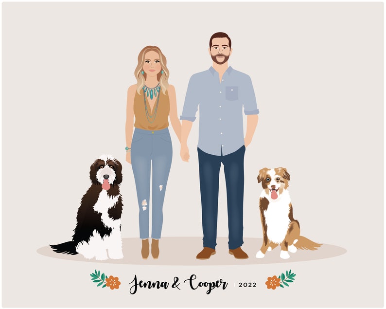 Custom family portrait illustration, family portrait with pet, pet gift image 2