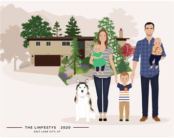 Custom Family Portrait, Family portrait with house, Personalized family drawing