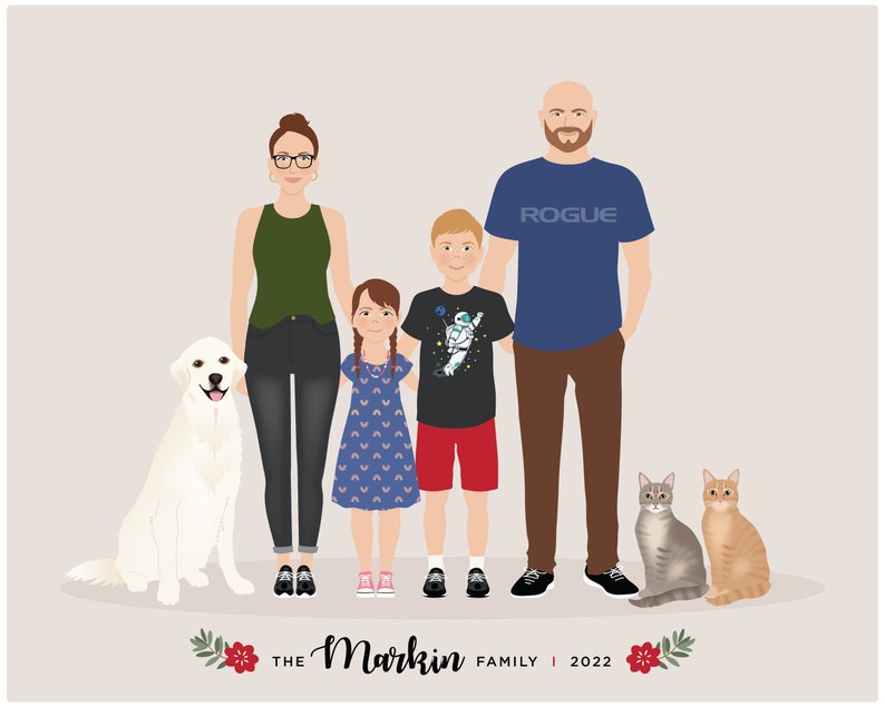 Custom family portrait illustration, family portrait with pet, pet gift image 10