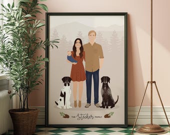 Family Portrait Illustration with pets | Personalized from photos