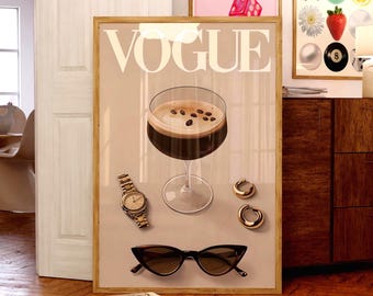 Classy Minimalist Espresso Martini Wall Art, Sunglasses Jewelry Vogue Art Print, Printable Aesthetic Home Decor,  Fashion Art Deco Poster