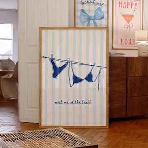 Blue Bikini Coastal Beach Wall Art, Beach Digital Art, Summer Coastal Aesthetic Poster, Bikini on Clothesline Poster Print, Preppy Print