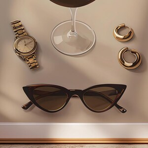 Puede incluir: Una ilustraci&oacute;n enmarcada de un bodeg&oacute;n con un reloj dorado, una copa de vino, un par de pendientes de aro dorados y unas gafas de sol marrones de ojo de gato.