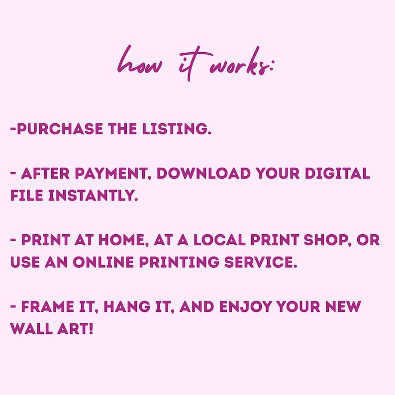 Puede incluir: Instrucciones sobre c&oacute;mo comprar y descargar arte de pared digital. Los pasos incluyen comprar la lista, descargar el archivo digital despu&eacute;s del pago, imprimir en casa o en una tienda de impresi&oacute;n local y enmarcar el arte.