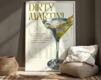 Dirty Martini Art Print, Bar Cart Decor Cocktail Poster, Party Signature Drink Digital Print, Trendy Home, room, dorm, apartment, poster