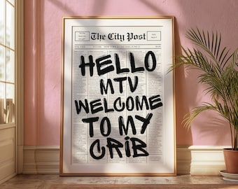 Hola MTV, estampado de grafiti negro, arte de pared estético, retro y moderno, decoración estética para el hogar, ideal para dormitorios universitarios, apartamentos o habitaciones. Descarga digital.