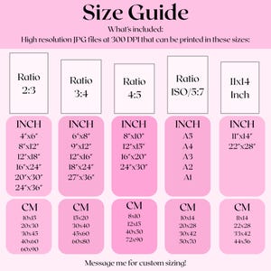 Puede incluir: Un gr&aacute;fico rosa con una gu&iacute;a de tallas para archivos JPG de alta resoluci&oacute;n a 300 DPI. El gr&aacute;fico enumera diferentes proporciones, incluyendo 2:3, 3:4, 4:5 e ISO/5:7, con las medidas correspondientes en pulgadas y cent&iacute;metros para cada proporci&oacute;n. El gr&aacute;fico tambi&eacute;n incluye tama&ntilde;os de papel est&aacute;ndar como A5, A4, A3, A2 y A1, con las medidas correspondientes en pulgadas y cent&iacute;metros.