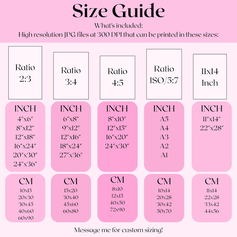 Puede incluir: Un gr&aacute;fico rosa con una gu&iacute;a de tallas para archivos JPG de alta resoluci&oacute;n a 300 DPI. El gr&aacute;fico enumera diferentes proporciones, incluyendo 2:3, 3:4, 4:5 e ISO/5:7, con las medidas correspondientes en pulgadas y cent&iacute;metros para cada proporci&oacute;n. El gr&aacute;fico tambi&eacute;n incluye tama&ntilde;os de papel est&aacute;ndar como A5, A4, A3, A2 y A1, con las medidas correspondientes en pulgadas y cent&iacute;metros.