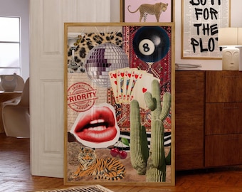 Collage de pared con estética cool y única, arte de pared disco Eight Ball, decoración imprimible estilo vintage de los 70, lámina de martini, lámina artística de vaquero