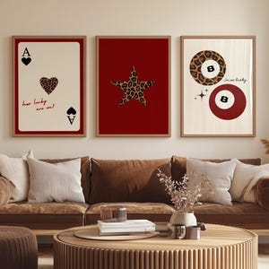 Set Of 3 Leopard Print Retro Wall Print Red Luxury Fashion Art Trendy Queen of Hearts Star Prints Leopard 8 Ball Decor Red Gallery Set Girly