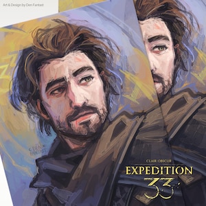 May include: Two art prints depicting a portrait of a man with brown hair and a beard, and green eyes. The prints have a painterly style with a palette of browns, blues, and yellows. The text "Clair Obscur Expedition 33" is visible.