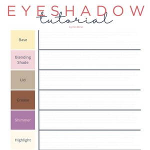 Puede incluir: Un gráfico de tutorial de sombra de ojos imprimible con las palabras "Eyeshadow Tutorial" en la parte superior. El gráfico enumera los siguientes pasos de aplicación de sombra de ojos: Base, Sombra de mezcla, Párpado, Pliegue, Brillo, Resaltador, Delineador de ojos y Máscara.
