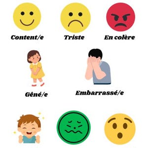 May include: An educational chart titled Les émotions featuring eight illustrations of facial expressions and emojis. It includes yellow, red, and green icons alongside cartoon figures representing feelings like content, sad, angry, shy, embarrassed, excited, disgusted, and surprised.