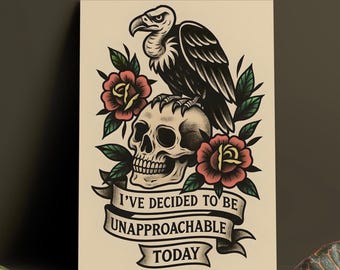 Gothic Skull Vulture Poster – Dark Humor Tattoo Art