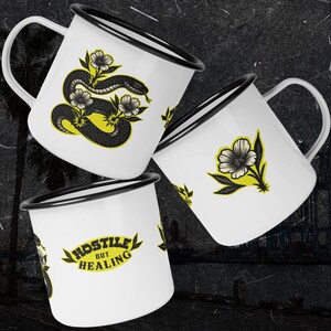 Hostile But Healing Snake Enamel Camp Mug, Tattoo Flash Floral Coffee Cup