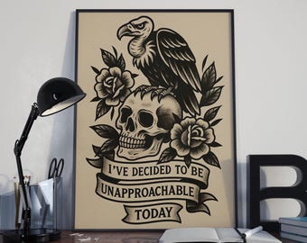Sarcastic Skull Vulture Art Print – Tattoo Style Dark Humor (Digital Download)