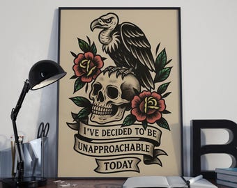 Skull and Vulture Art Print – Sarcastic Tattoo-Style Poster (Digital Download)