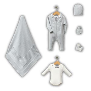 Handmade Blue Baby Boy Coming Home Set | Organic Cotton Knit Newborn Outfit Set | Classic, Hypoallergenic Layette, Baby Shower Gift