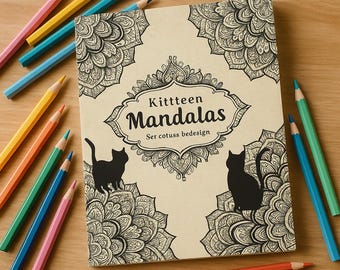 May include: A coloring book titled "Kittteen Mandalas" with black cat silhouettes and intricate floral designs. Colored pencils in various shades of pink, yellow, blue, and green surround the book on a wooden surface.