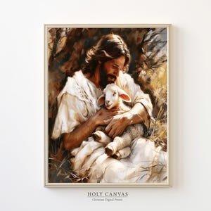 Jesus and a Lamb Wall Art, Jesus The Good Shepherd Nursery Children Art, Jesus with Sheep, Digital LDS Art, Bible Painting, Christian Prints