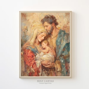Heilige Familie Christian Wandkunst Herunterladbare Kinderzimmer Christliche Kunst Wildblumen Ölgemälde Heller Ton Christian Ostern druckbare Malerei