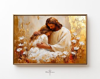 Sheltered in His Care, Jesus Comforting a Woman, Modern Christian Art, Biblical‑Inspired Painting, Scripture Art, Golden Spiritual Painting