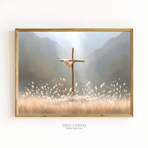 Cross in the Field Wall Art Printable Christian Wall Art Downloadable Christian Art Vintage Oil Painting Landscape Christian Digital Print