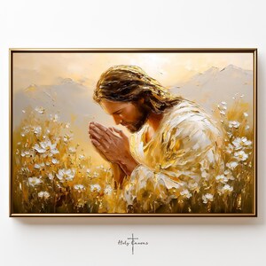 In the Quiet of His Surrender, Praying Jesus, Modern Christian Art, Biblical‑Inspired Painting, Scripture Art, Golden Spiritual Painting