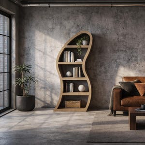 May include: A modern living room with a brown leather sofa, a wooden coffee table, and a unique, curved wooden bookshelf. The room has a large window, a potted plant, and a concrete wall.