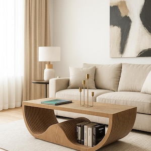 May include: A modern living room scene featuring a light wood coffee table with a curved design and a lower shelf holding books. A beige sofa, abstract art, and gold candle holders add to the contemporary aesthetic. A rug and curtains complete the room.