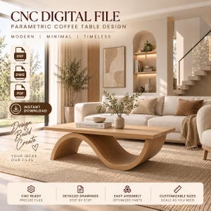 Könnte beinhalten: Eine digitale Datei für ein parametrisches Couchtisch-Design mit heller Holzoberfläche und geschwungenem, wellenförmigem Untergestell. Das Bild enthält den Text: CNC DIGITAL FILE, PARAMETRIC COFFEE TABLE DESIGN, MODERN, MINIMAL, TIMELESS, INSTANT DOWNLOAD, Design Build Create, YOUR IDEAS OUR FILES, CNC READY, DETAILED DRAWINGS, EASY ASSEMBLY, CUSTOMIZABLE SIZES.