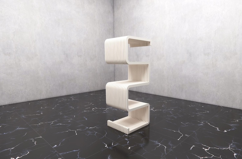 May include: A modern, cream-colored, zig-zag shaped shelf unit. The unit has four shelves and is made of vertical wooden slats. The unit is in a room with a black and white marble floor and gray walls.