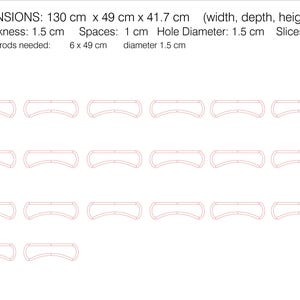 May include: Diagram with dimensions and specifications for a wooden project. The text includes dimensions of 130 cm x 49 cm x 41.7 cm, wood thickness of 1.5 cm, and hole diameter of 1.5 cm. The diagram shows 20 slices.