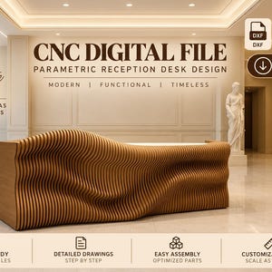 May include: A digital file for a parametric reception desk featuring a wavy, slatted wood design. The image includes text: CNC DIGITAL FILE, PARAMETRIC RECEPTION DESK DESIGN, MODERN, FUNCTIONAL, TIMELESS, DESIGN BUILD CREATE, YOUR IDEAS OUR FILES, INSTANT DOWNLOAD, DXF, DWG, PDF, CNC READY, DETAILED DRAWINGS, EASY ASSEMBLY, CUSTOMIZABLE SIZES.