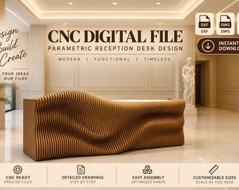 Könnte beinhalten: Eine digitale Datei für einen parametrischen Empfangstresen mit wellenförmigem Lamellen-Holzdesign. Das Bild enthält den Text: CNC DIGITAL FILE, PARAMETRIC RECEPTION DESK DESIGN, MODERN, FUNCTIONAL, TIMELESS, DESIGN BUILD CREATE, YOUR IDEAS OUR FILES, INSTANT DOWNLOAD, DXF, DWG, PDF, CNC READY, DETAILED DRAWINGS, EASY ASSEMBLY, CUSTOMIZABLE SIZES.