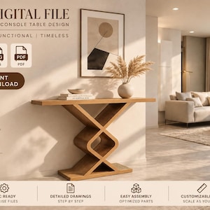 May include: A digital file for a parametric console table design featuring a brown wooden table with a geometric, interlocking base. The image includes text: CNC DIGITAL FILE, PARAMETRIC CONSOLE TABLE DESIGN, MODERN, FUNCTIONAL, TIMELESS, DXF, DWG, PDF, INSTANT DOWNLOAD, Design Build Create, YOUR IDEAS OUR FILES, CNC READY, DETAILED DRAWINGS, EASY ASSEMBLY, CUSTOMIZABLE SIZES.
