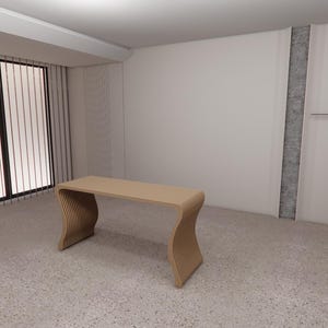 May include: A light-colored wooden desk with a unique, wavy design. The desk has a rectangular top and curved legs, constructed from layered wood. The room features large windows and a speckled floor.